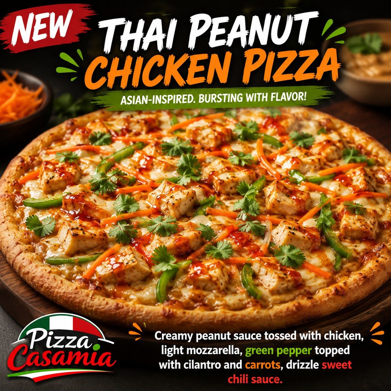 THAI PEANUT CHICKEN PIZZA.
