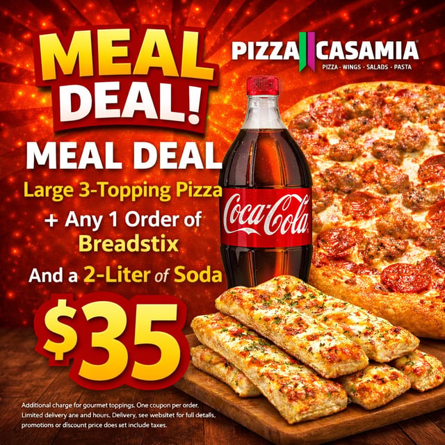 Large 3 Topping Pizza + Any 1 Order of Breadstix And a 2 Liter of SODA.