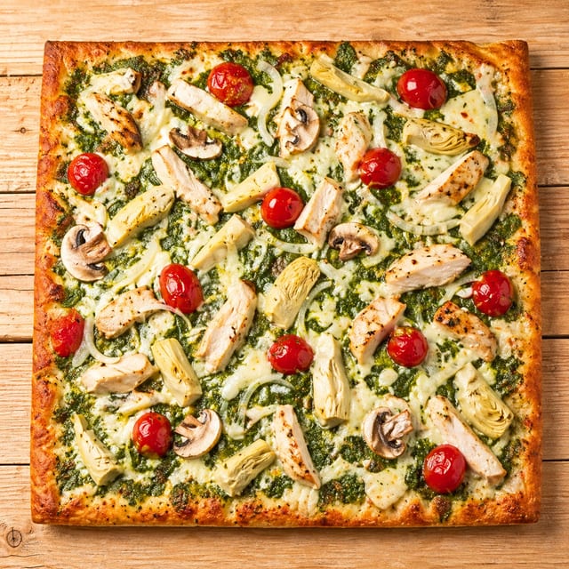 Pesto Chicken Square Pie Pizza.